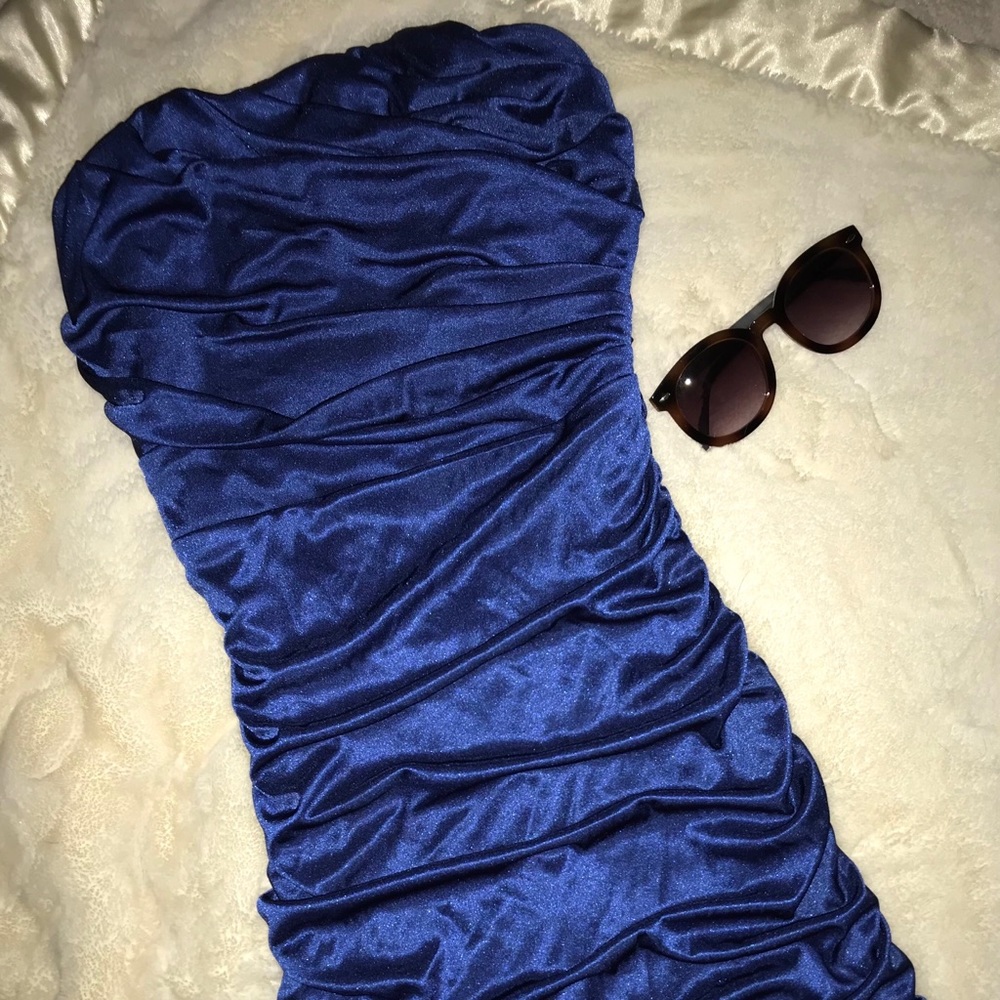 Blue shirred stretchy bodycon strapless dress SM - Picture 1 of 12